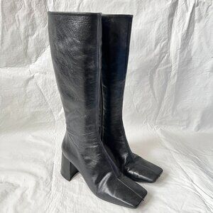 Topshop knee high boots black leather square toe 39 US 8 chunky block high heel